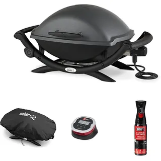 Weber Q2400 Elekrogrill mit Stand + Seitentischen, 54 x 39cm Grillfäche, portable, 2-geteilter porzellanemaillierter Guss-Grillrost, Aluminiumguss Deckel & Gehäuse - Dark Grey (55020079)