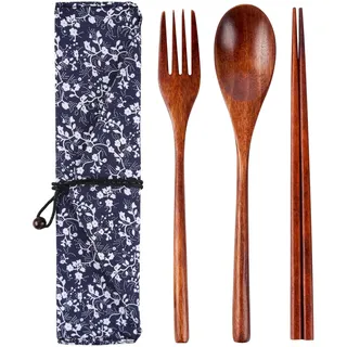 SwirlColor Holzbesteck Set, 3PCS Wiederverwendbare Japanische Art Hölzerne Essstäbchen Gabel und Löffel Tragbares Geschirr-Kit mit Fall für Camping Pinic Reise Arbeit