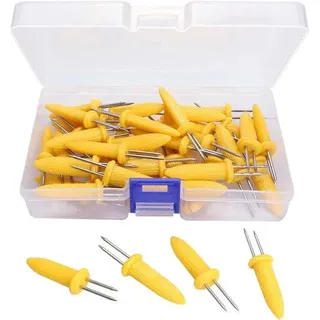 Unyqoos® Maiskolbenhalter 36-teilig – Edelstahl-Maisgabeln 6 cm mit PP-Isoliergriff & transparenter Aufbewahrungsbox, ideal für Grillen, BBQ, Picknick - Gelb, Silber