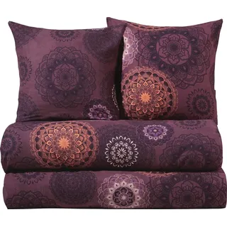 Erwin Müller Bettwäsche Sparpaket 4-TLG. Mako-Satin Mandala aubergine Größe 80x80 cm / 135x200 cm - feinfädig, temperaturausgleichend, atmungsaktiv, 100% Baumwolle, mit Reißverschluss