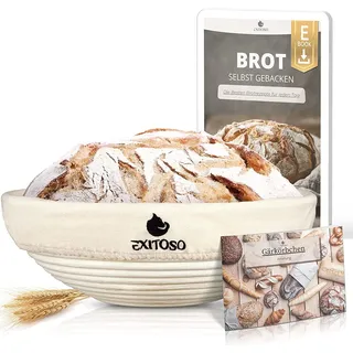 Exitoso Gärkörbchen rund 1kg aus Peddigrohr Ø25cm - Beige inkl. (E-Book Rezept, Leinentuch) - Brot backen mit Gärkörbchen Set - Gärkorb rund Banneton Brotbackzubehör Gärform - Garkörbe Brot Brotbacken