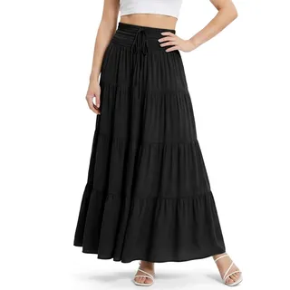 Alaoo Damen Maxi Skirt Lang mit Kordelzug, Doppellagig A-Linie Rock, Schwarz