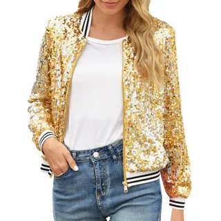 Pailletten Jacke Damen Glitzer Jacke, Damen Pailletten Blazer Mit Glitzer Langarm Bomberjacke Blazer Gold Übergangsjacke Frühling Langarm Sparkle Open Front Schalkragen Cardigan