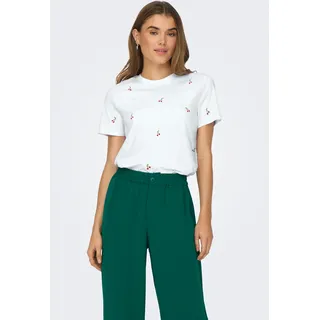 Kurzarmshirt ONLY "ONLKETTY LIFE S/S O-NECK TOP JRS NOOS", Damen, Gr. XL, weiß (hellweiß aop:cherries), Jersey, Obermaterial: 100% Baumwolle, bedruckt, regular fit normal, Rundhals, Shirts Kurzarmshirt