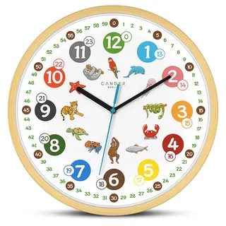 Cander Berlin MNU 2430 T Wanduhr Kinder Holzmotiv 30,5 cm Tiere Lernuhr Holzuhr lautlos geräuschlos analog Holzrahmen Kinderzimmer ohne Tickgeräusche Junge Mädchen