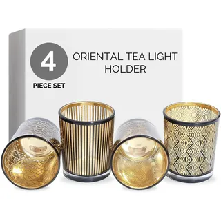 Teelicht-Gläser Set aus Glas inkl. Teelichter - Kleine edle Teelicht Kerzen-Halter mit Verzierungen - Windlichter Kerzenglas - Geschenk Dekoration Hochzeit, Geburtstag, Weihnachten (Schwarz 4er Set)