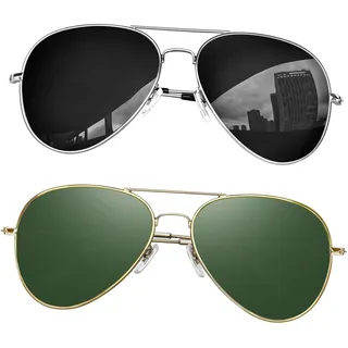 KANASTAL 2er Set Sonnenbrille Herren Damen Polarisiert | Groß, Klassische Retro Vintage, Verspiegelt, Metallrahmen, UV400 Schutz, Ultraleichter 16g, Anti Glare, Doppelsteg, Stylisch