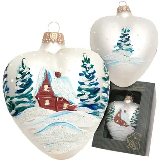 Christbaumschmuck KREBS GLAS LAUSCHA "Herz mit verschneitem Haus", silber, B:6cm H:6cm T:9cm, Glas, Weihnachtsbaumschmuck, Christbaumschmuck, Christbaumschmuck aus Glas, mundgeblasen, handgefertigt, herzförmig