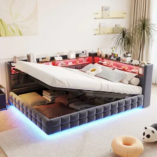 Flieks Hydraulisches Schlafsofa 140x200cm mit Stauraum, Polsterbett mit Led & Ladefunktion, Tagesbett Daybed mit Ablage, Stauraumbett Samt, Dunkelgrau - Dunkelgrau