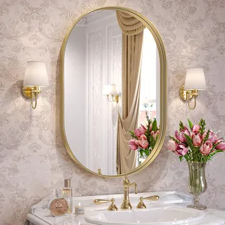 Brightify Goldener ovaler Spiegel für Badezimmer, 50,8 x 76,2 cm, Goldener Metallrahmen, Spiegel für Wand, moderner Spiegel für Schlafzimmer, Wohnzimmer, Wanddekoration, zum Aufhängen vertikal und