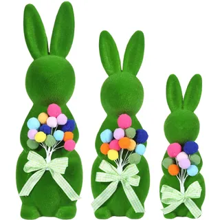 BrilliantJo 3er Set Dekofigur Frühling Dekoration Muttertagsgeschenk Hase mit Schleife pompom Ballon grüne Hasenfigur für Muttertag Frauen Geschenke Innenbereich Garten Deko