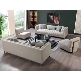 Sofagarnitur Sofa Sofas 3+3+1+1 Sitzer Sessel Stoff Holz Couchen Wohnlandschaft - Weiß