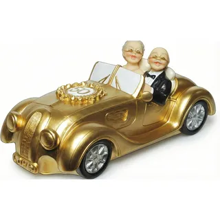 Topshop24you Spardose Goldene Hochzeit 50 Jahre – Goldener Oldtimer mit Paar – Stilvolles Geldgeschenk & Jubiläums-Deko – Handbemaltes Cabrio Modellauto, 21 cm