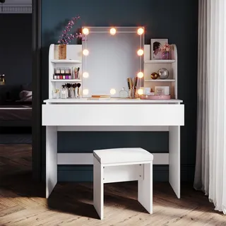 SONNI Schminktisch 108x40x140cm mit SpiegelKosmetiktisch mit hocker Schublade LED beleuchtungFrisiertisch weiß - Weiß