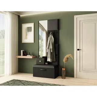 Garderobe MARGARET III, Farbe: Schwarz+ Schwarz, mit gepolsterten Paneelen, Spiegel und Kleiderhaken - Schwarz