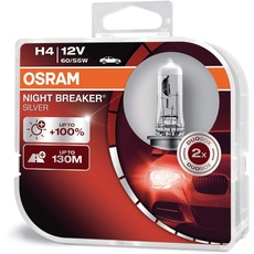 Osram Night Breaker Silver H4, +100% mehr Helligkeit, Halogen-Scheinwerferlampe, 64193NBS-HCB, 12V Pkw, Duo Box (2 Lampen)