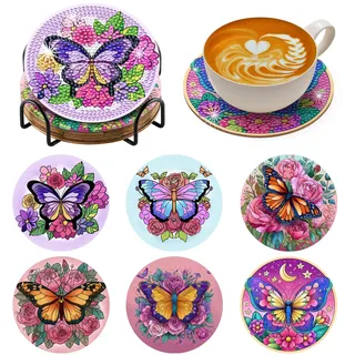 BNG Schmetterling Diamond Painting Untersetzer Mit Halter, 6 Stück Bunte Schmetterlinge DIY Bastel Untersetzer für Erwachsene, Kunstmalerei Sets für Frauen, Anfänger, Diamant Bastelzubehör