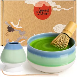 Goodwei Matcha Set komplett mit Matchabesen, Matcha Löffel und Matcha Schale aus Keramik mit Besenhalter im passenden Design | Kunstvoll gefertigte Zeremonieschale Chawan (Sumi, 120)