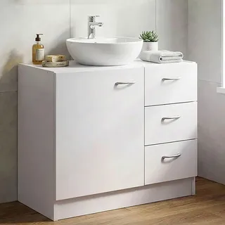 FineBuy Waschbecken-Unterschrank 54 x 63 x 30 cm weiß mit 1 Tür und 3 Schubladen Unterstellschrank Bad mit Siphonausschnitt Bad-Schrank klein - Weiß