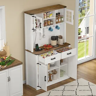 okwish Sideboard,Kommode,Barschrank mit LED-Beleuchtung und Steckdosen, Buffetschrank mit 2 großen Schubladen, verstellbaren Einlegeböden, weiß - Weiß