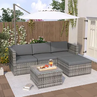 Merax Polyrattan Lounge Gartenlounge Set 3-4 Personen, 5-tlg.Sitzgruppe mit Sofa, Tisch, Hocker und Kissen, Balkonmöbel Terassenmöbel Gartenmöbel,Grau - Grau