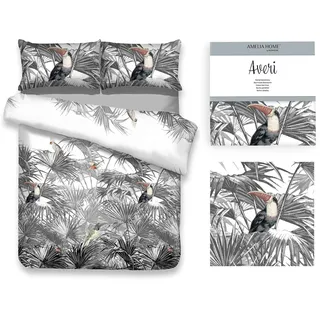 AmeliaHome 3tlg Bettwäsche 160x200 cm mit 2 Kissenbezügen 70x80 cm 100% Baumwolle Reißverschluss Blätter Palmen Tukan grau schwarz weiß Averi Toucan