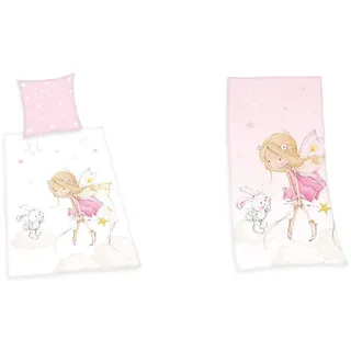 Herding Little Fairy Bettwäsche-Set, Wendemotiv, Kopfkissenbezug 80 x 80 cm, Bettbezug 135 x 200 cm, Baumwolle/Renforcé, Mehrfarbig & Little Fairy Velourstuch, Rosa, 75 x 150 cm