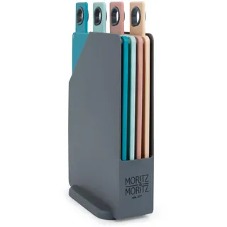 Moritz & Moritz 4x Frühstücksbrettchen mit Ständer 20,5 x 14,5 cm - Spülmaschinenfest - Schneidebrett Kunststoff Set mit Ständer - Brettchen mit Ständer - Frühstücksbrettchen Bunt - Brettchen Set