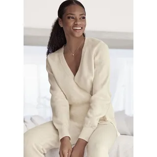 LASCANA Wickelstrickjacke LASCANA, Damen, Gr. 36/38, beige (creme), Strick, Obermaterial: 52% Polyester, 44% Polyacryl, 4% Elasthan, meliert, unifarben, sehr bequem hüftlang, Rippbündchen, Strickjacken, mit breitem Rippbündchen, Loungewear