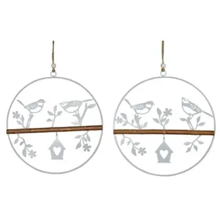 2 x Dekohänger Vogel auf AST im Ring | Metall Fensterdeko Hänger schwarz/weiß | 20 cm | Hängedeko (Weißer Ring)