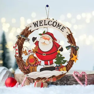 Weihnachten Deko Türkranz, 29cm Weihnachtskranz Santa Claus für die Haustür, Tür Kranz Welcome für Weihnachten, Weihnachtsdeko zum Hängen Weihnachte Kranz Dekorationen für Haustür, Fenster, Wand