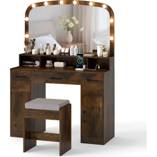 COSTWAY Schminktisch Set Frisiertisch mit Schminkhocker, 3 Lichtfarben LED-Spiegel, Ladestation, 3 Schubladen & 2 Schränke, Kosmetiktisch 108x40x149cm - Braun