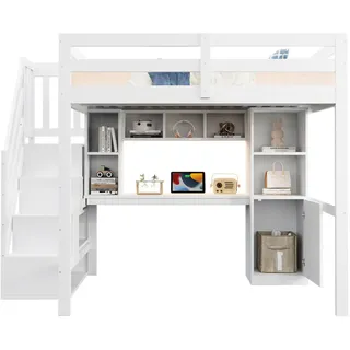 Stilvora Hochbett 140/200 cm in Weiß mit Treppe, Schreibtisch, Regalen, Schränken, LED und Steckdosen aus Holz , Holzwerkstoff , Babymöbel & Kindermöbel, Kinderzimmer & Jugendzimmer, Kinderbetten, Hochbetten