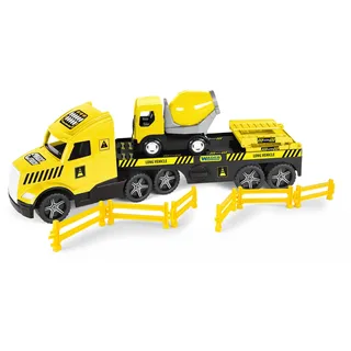 Wader 36461 - Magic Truck Tieflader mit Betonmischer, Absperrgittern und Rampen, Größe ca. 79 cm, für Kinder ab 3 Jahren, geeignet als Geschenk für kreatives Spielen
