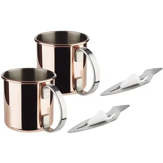 APS Mini Feuerzangenbowle Set, 2 Edelstahl Becher im Kupfer-Look, Punschgefäß, 2 Mini-Feuerzangen, Zuckerzange