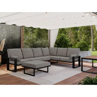 MKS MEBLE Outdoor Gartenmöbel, Set für 7 Personen, Gartenlounge Set mit Tisch, Hocker und Ecksofa, Terrassenmöbel Set, Couchgarnituren - ELBA 4 - grau - Grau