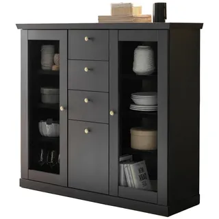 Furn.Design Highboard schwarz matt, Eiche 129 cm, Kommode Landhaus mit Soft-Close , Schwarz, Eichefarben , Holzwerkstoff , Nachbildung,Eiche , 7 Fächer , 3 Schubladen , Sockel , 129x117x42 cm , FSC Mix , Kleinmöbel, Kommoden, Highboards