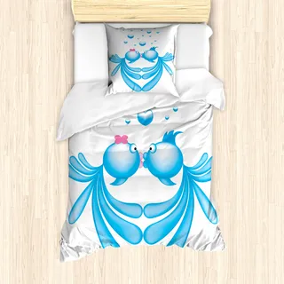 ABAKUHAUS Kuss Mantele, Blauer Cartoon-Fische Herz, Milbensicher Allergiker geeignet mit Kissenbezügen, 135 cm x 200 cm - 80 x 80 cm, Blassblau, Rosa, Weiß - Blau