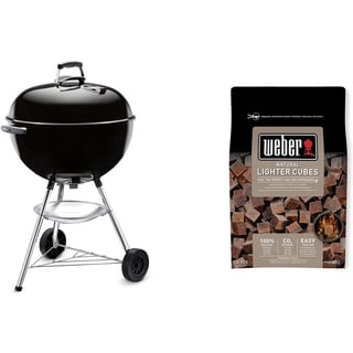 Weber Bar-B-Kettle Holzkohlegrill, 57 cm Durchmesser, Schwarz (1331004) & 17612 Anzündwürfel braun, ohne Zusatzstoffe, 48 Stück