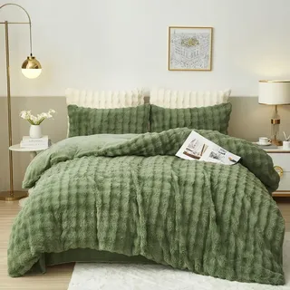 Luofanfei Winter Plüsch Bettwäsche 135 x 200 Grün Sailbeigrün Flauschig Kuschelig Fleece Warme Winterbettwäsche Bettwäsche Set Nicki Microfaser Warm Bettbezug und Kissenbezug 80x80 mit Reißverschluss