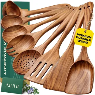 Holz-Utensilien zum Kochen, Holzlöffel zum Kochen, Holzspachtel und Holz-Utensilien für die Küche Antihaft-Kochgeschirr Teak 8 Pack
