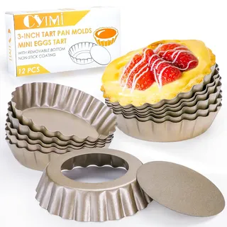 Cyimi 3" Tarteform mit Hebeboden 12 Stück Eierkuchenformen Törtchenform 8 cm, Tartelette Förmchen Antihaftbeschichtung Mini Quicheform, Gold