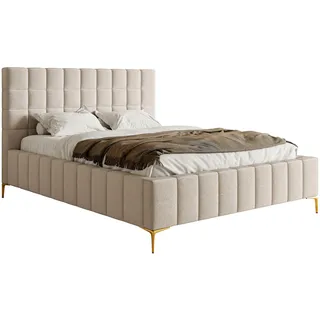 Selsey Bett Polsterbett Doppelbett 160 x 200 cm Mit Bettkasten Metallrahmen Goldene Beine Gasdruckfeder Schlafbett Chenille Graubeige Szejlo