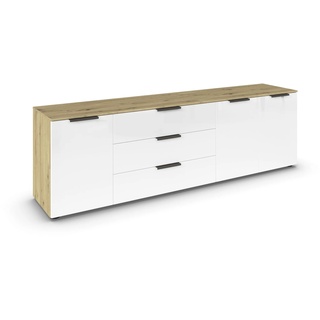 Rauch Möbel Flipp, Sideboard, TV-Schrank, Kommode mit Stauraum, Eiche Artisan/Glasfront Weiß, Holz, 3-türig, Glastüren, 3 Schubladen, Griffe graphit, 199x61x42cm