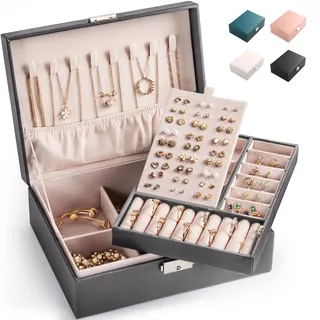 Schmuckkästchen Schmuckkoffer Abschließbarer Schmuckkasten Schmuck Kästchen Organizer für Ketten, Ohrringe, Ringe, Frauen (Grau-M)