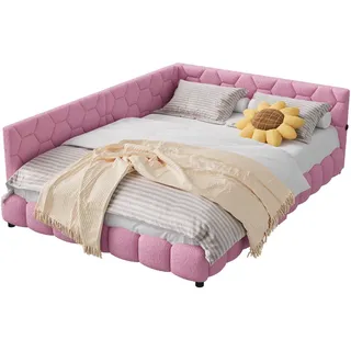 Polsterbett 140x200 cm, Rosa, LED-Beleuchtung und USB-Anschluss, Tagesbett Schlafsofa , Textil , Mode , 140x200 cm , Schlafzimmer, Betten, Polsterbetten
