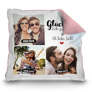Print Royal PR Kissen mit Füllung - Fotocollage selbst gestalten mit Spruch - Glück ist - mit DREI eigenen Fotos - Geschenkidee Fotokissen | Farbkissen Rückseite Rosa, 40 x 40 cm