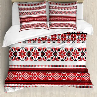ABAKUHAUS rot Bettbezug, Ukrainisch Akzente, Milbensicher Allergiker geeignet mit Kissenbezügen, 200 cm x 200 cm - 80 x 80 cm, Rot Schwarz Weiß - Rot