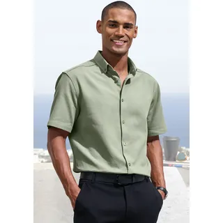 Kurzarmhemd H.I.S "Regular Fit", Herren, Gr. S (37/38), N-Gr, grün (salbei), Web;Jacquard, Obermaterial: 100% Baumwolle, unifarben, regular fit normal, Rundhals, abgesteppte Kante, Hemden Kurzarmhemd, in hochwertiger Struktur Optik, Topseller