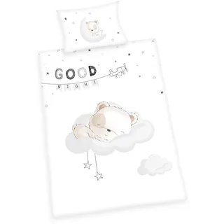 Herding Kleinkinder-Bettwäsche-Set, Sleeping little Bear Wendemotiv, Bettbezug 100 x 135 cm, Kopfkissenbezug 40 x 60 cm, Flanell/Biber, Weiß